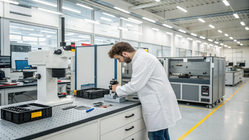 Un technicien en blouse de laboratoire teste un prototype de produit dans un laboratoire lumineux.