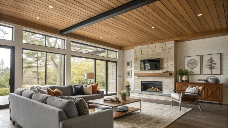 암스트롱 우드헤븐 천장 널빤지와 세련된 가구가 있는 현대적인 거실