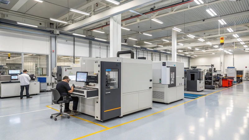 Una moderna planta de fabricación con máquinas CNC e impresoras 3D
