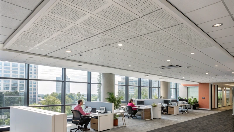 암스트롱 천장과 음향 패널이 있는 현대적인 사무실 인테리어