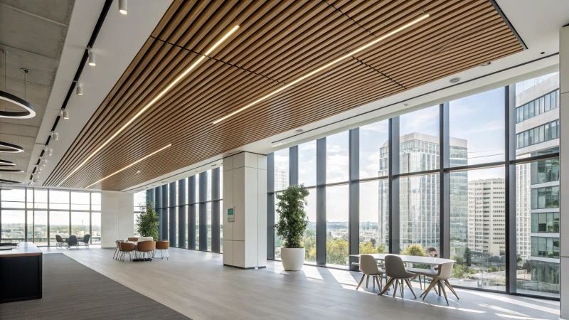 Modern office interior with aluminum and wooden baffle ceiling