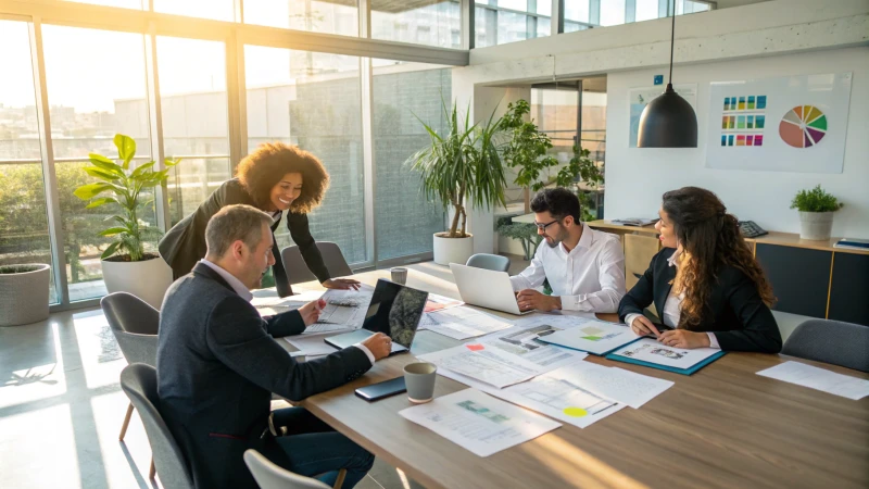 غرفة اجتماعات مكتبية حديثة مع متخصصين يتناقشون فيها