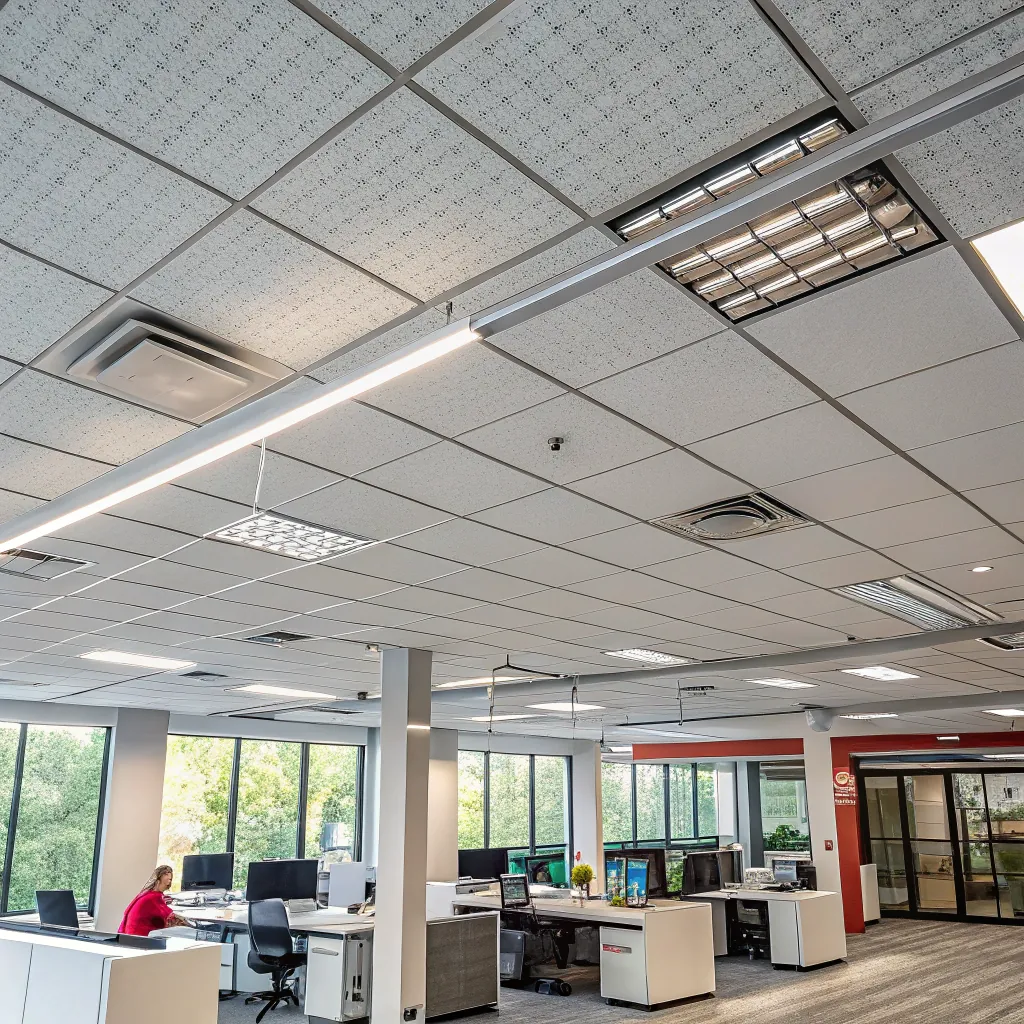 Contemporary open office space featuring multiple desks, computers, and large windows providing natural light. Ceiling with light fixtures and office equipment visible.