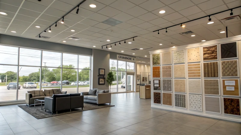 자연 채광이 들어오는 암스트롱 천장이 돋보이는 모던한 쇼룸