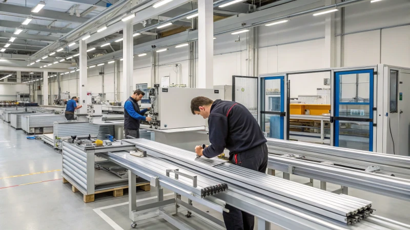 Moderno taller con técnicos trabajando en perfiles de aluminio