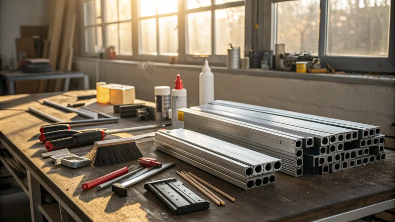 A clean and organized modern workshop with aluminum profiles on a workbench