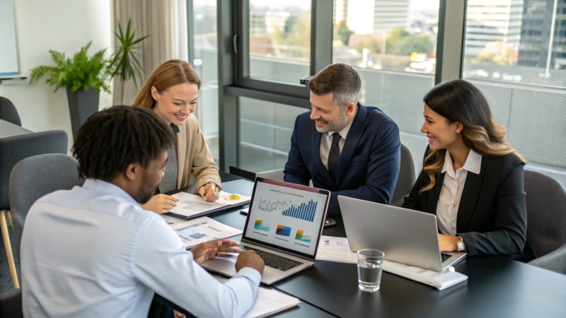 مجموعة متنوعة من المتخصصين في مجال الأعمال في غرفة اجتماعات لمناقشة التقارير