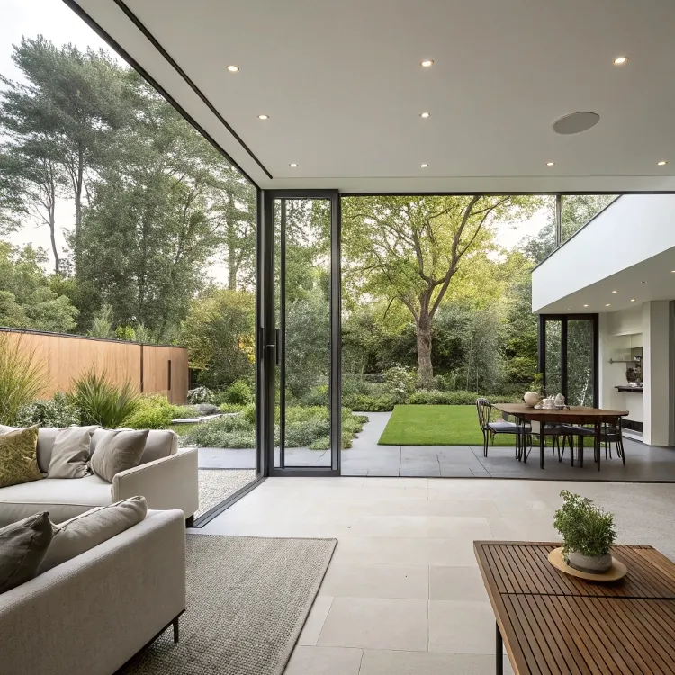 Puertas de cristal abiertas que conectan el salón y el jardín