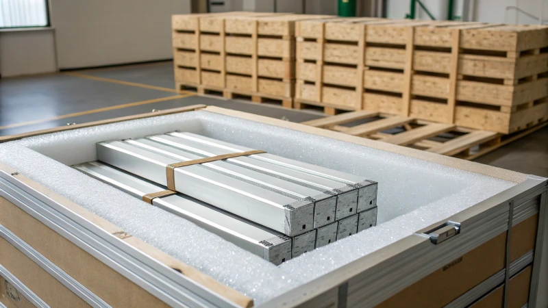 Packaging setup of aluminum profiles secured in a box with foam and films