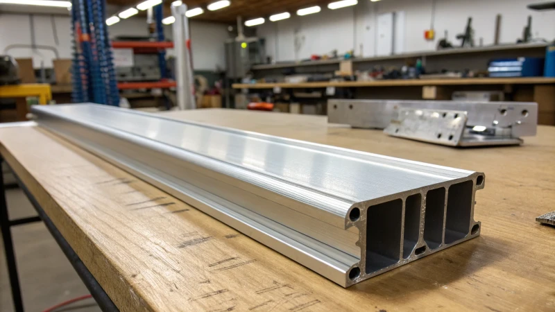 Gros plan d'un profilé en aluminium poli sur un établi en bois avec un échantillon de prototype.