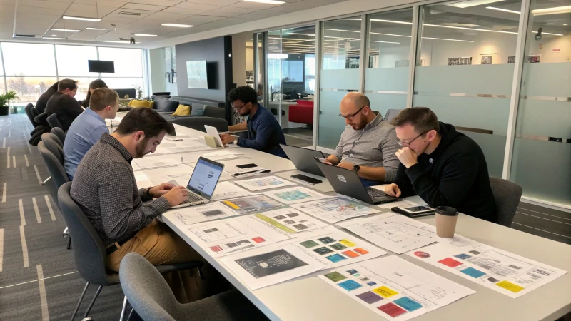 Équipe diversifiée dans une salle de réunion examinant des prototypes