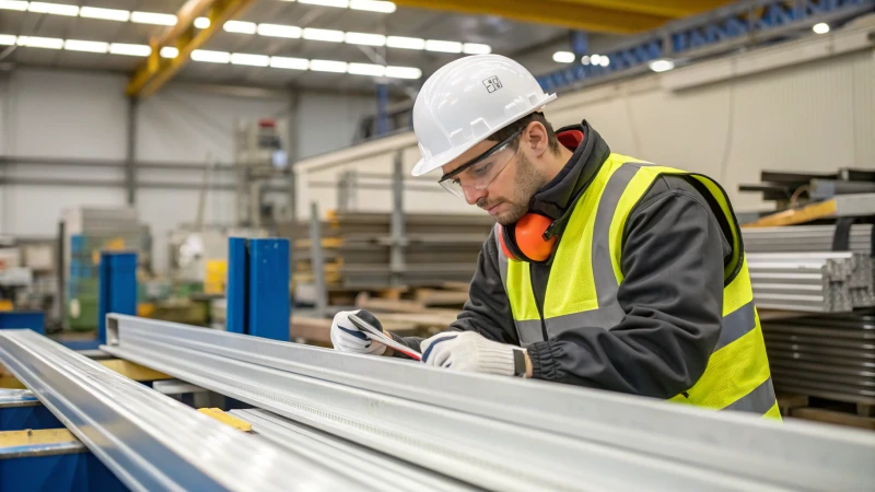 A technician examining aluminium profiles in a manufacturing facility