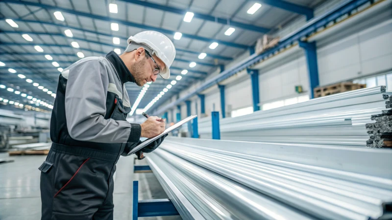 Quality control technician examining aluminium extrusions