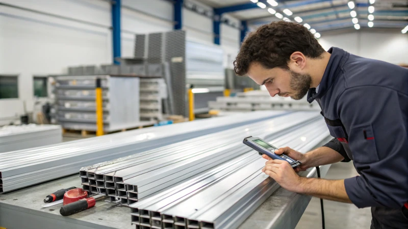 A technician inspecting aluminum profiles with a handheld device in a manufacturing facility.