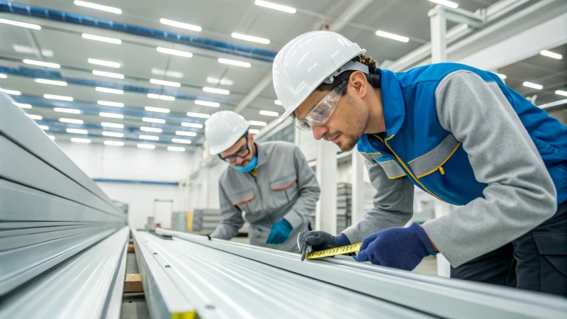 Technicians inspecting aluminum profiles in a modern manufacturing facility