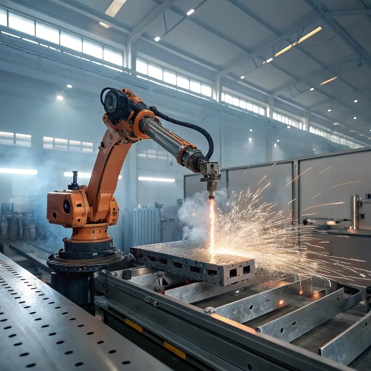 공장에서 플라즈마 커터를 사용하는 로봇 팔
