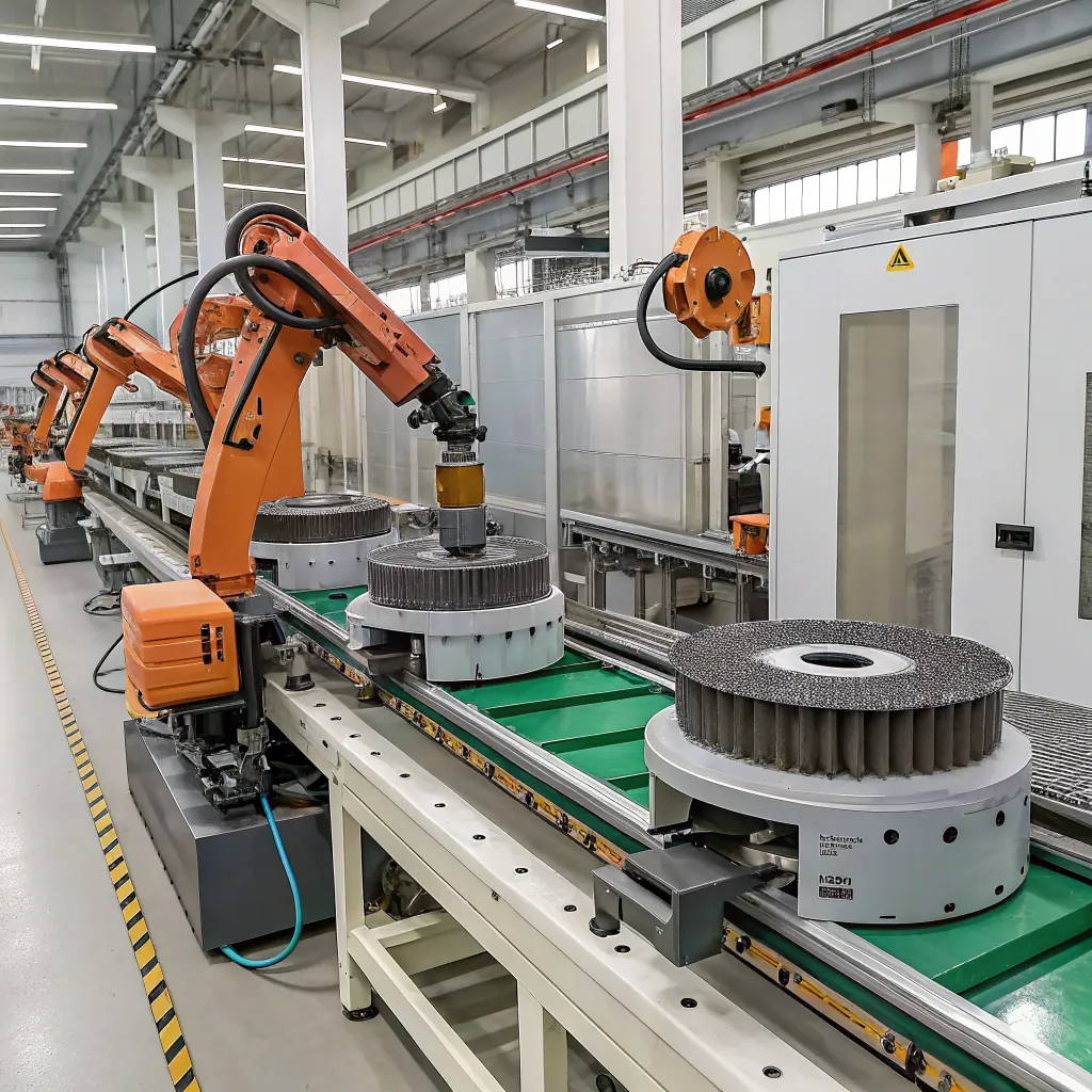 Robottikäsivarret toimivat tehtaan kokoonpanolinjalla, jossa on suuria pyöreitä komponentteja, tilavassa teollisuusympäristössä.