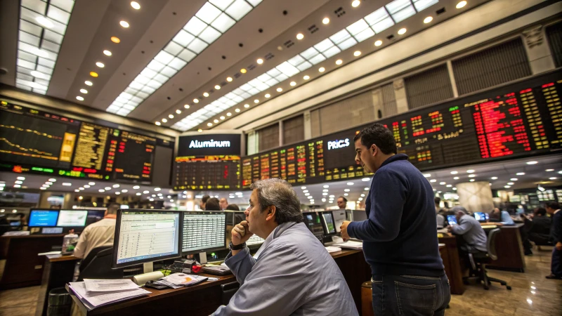 A busy stock exchange floor with traders and multiple screens displaying aluminum prices.