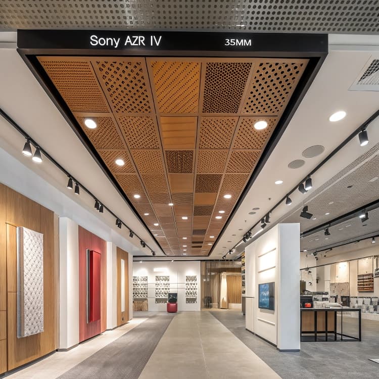 Modern showroom with wooden acoustic ceiling panels
