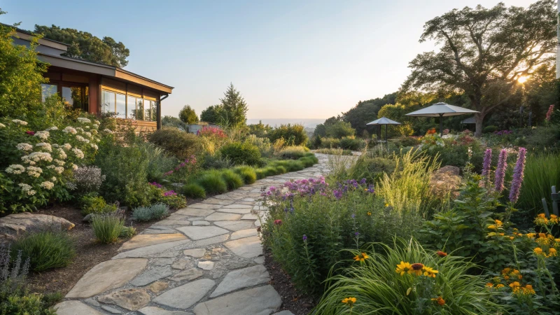 Fenntartható kert őshonos növényekkel és esővízgyűjtő rendszerrel