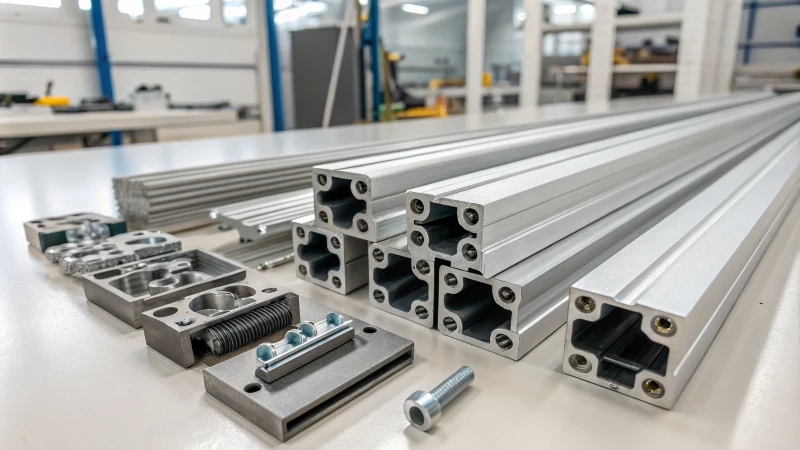 Photorealistic image of T-slot profiles and hardware components in a workshop.