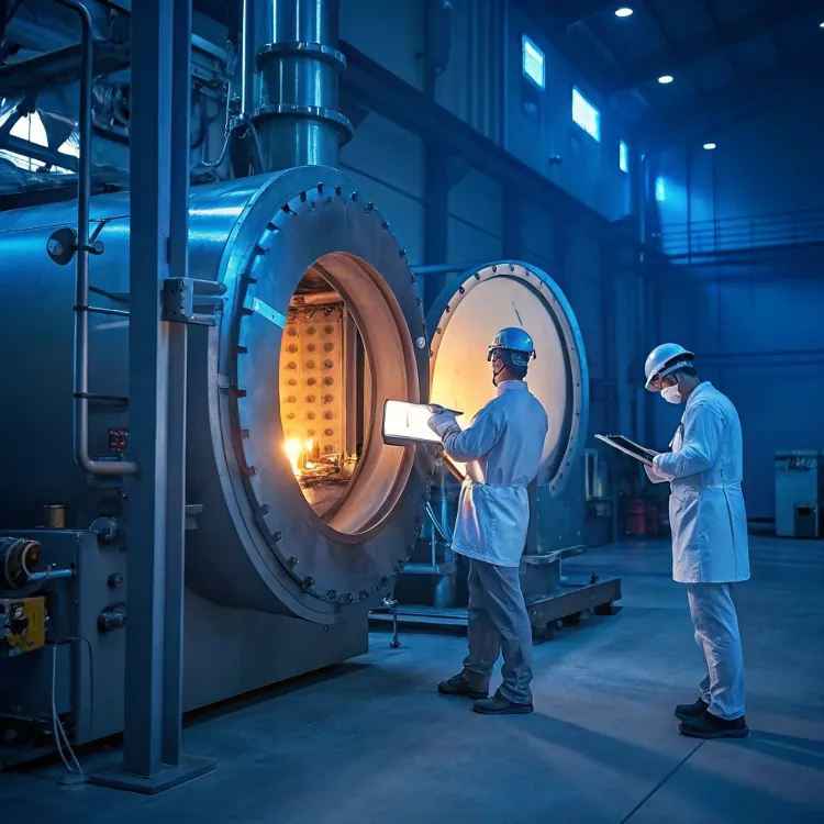 técnicos inspeccionando el horno de vidrio