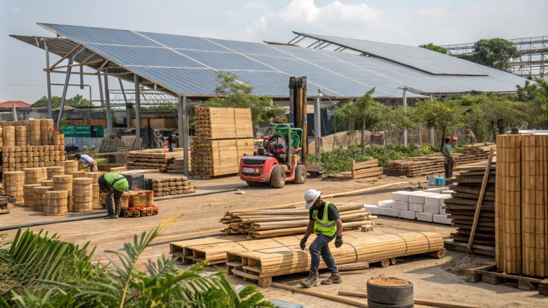 Vibrant construction site with eco-friendly materials
