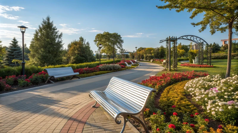 Élénk parki jelenet alumínium padokkal és virágágyásokkal