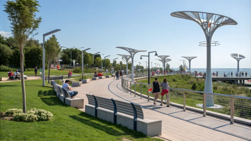 Közpark modern alumínium installációkkal és zöldfelülettel