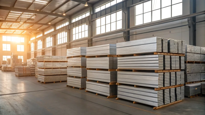 Warehouse filled with packaged aluminum profiles