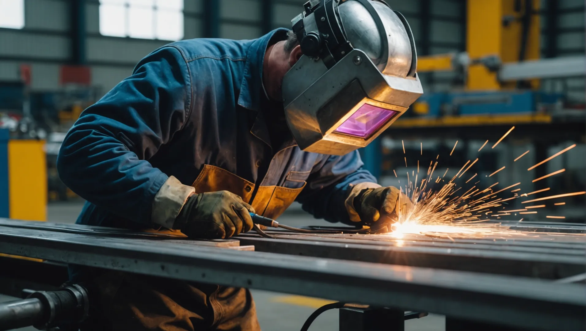 A welder working on aluminum extrusions in an industrial setting