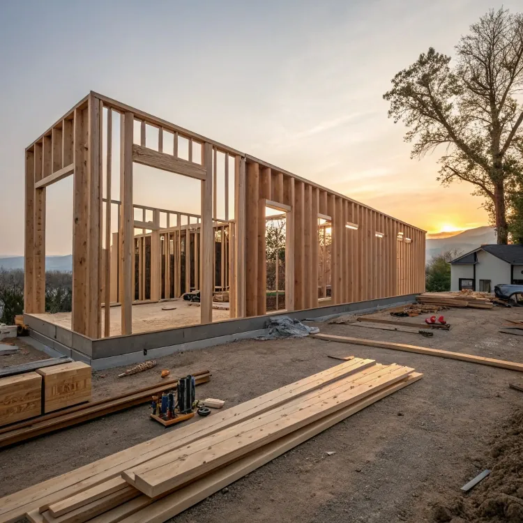 Casa de madera en construcción al atardecer