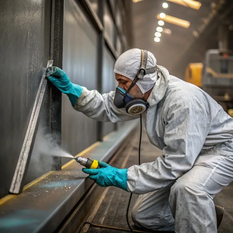 안전복을 입은 작업자가 금속 표면에 스프레이 페인팅을 하고 있습니다.