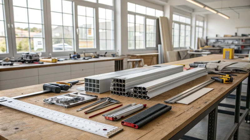 Un atelier bien éclairé avec des profilés en aluminium sur un établi